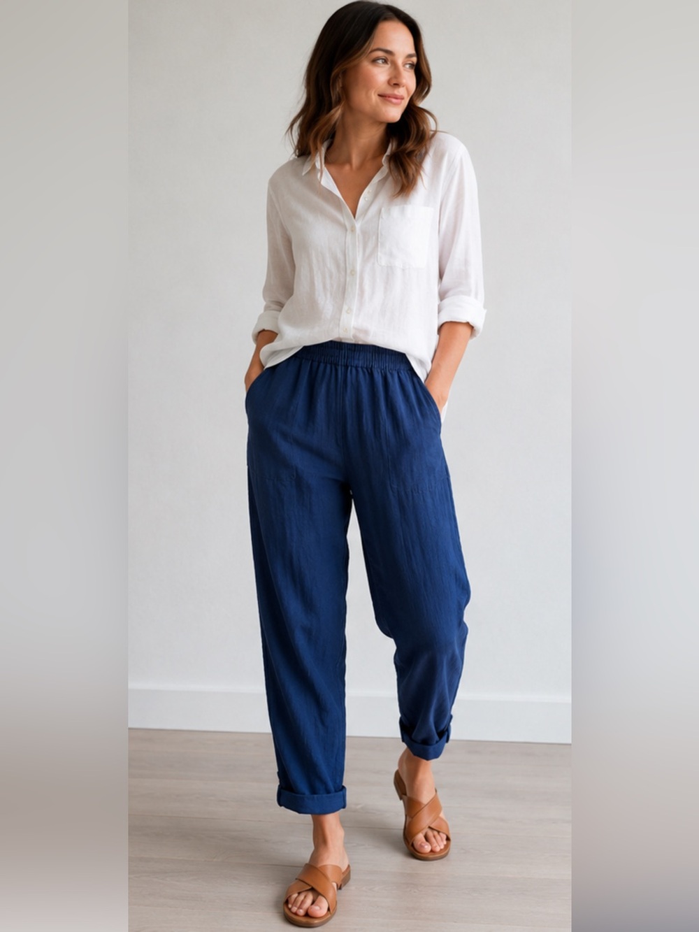 Pure J. Jill 100% Linen Pull On Pants Convertible Roll Tab Navy Size Large